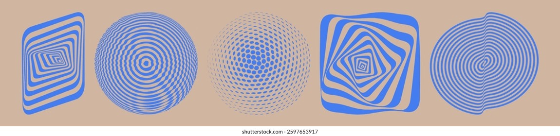 Abstract striped design element. Optical art. Melted liquid shape. Set of abstract spheres. Element, emblem or icon. Vector for cover, banner, brochure, poster or flyer.