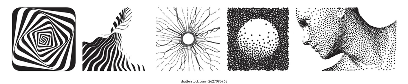 Abstract striped design element. Optical art. Futuristic vector illustration of ocean waves. Black hole made from small particles strive out of center. Solar or starlight emission. Face made from dots