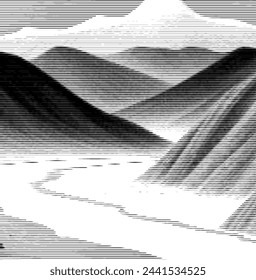 Abstract striped design resembling mountains and sea silhouette.