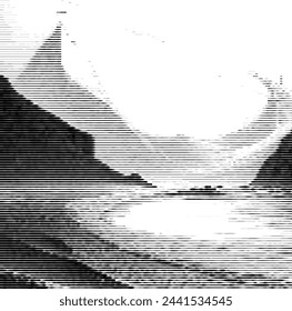 Abstract striped design resembling mountains and sea silhouette.