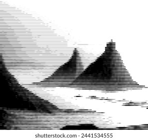 Abstract striped design resembling mountains and sea silhouette.