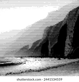 Abstract striped design resembling mountains and sea silhouette.