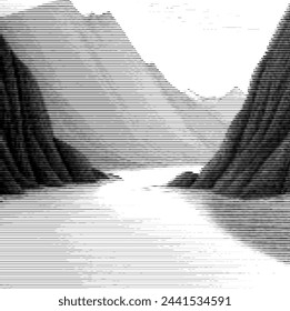 Abstract striped design resembling mountains and sea silhouette.