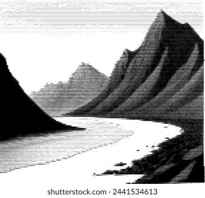 Abstract striped design resembling mountains and sea silhouette.