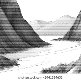 Abstract striped design resembling mountains and sea silhouette.