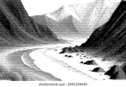 Abstract striped design resembling mountains and sea silhouette.