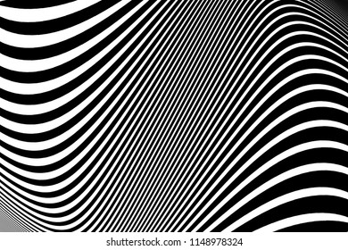 Abstract striped design. Twisting lines texture. Optical Illusion, Black and White color. Vector art. Modern Striped Background