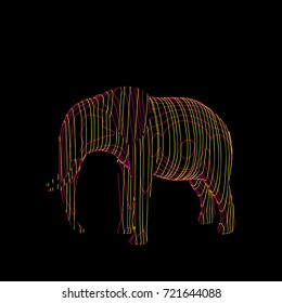 Abstract striped elephant. Isolated on black background.Vector outline illustration.