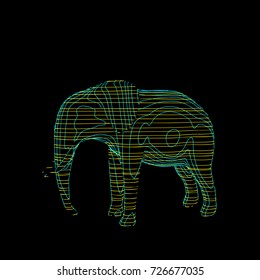 Abstract striped elephant. Isolated on black background.Vector outline illustration.