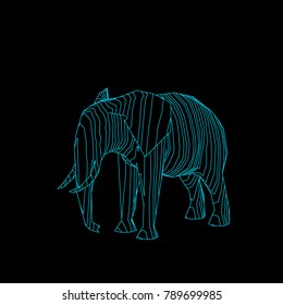 Abstract striped elephant. Isolated on black background. Vector outline illustration.