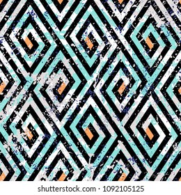 Abstract striped ethnic geometric pattern with maze, diagonal stripes and lines in blue. Op art seamless geometric background. Bold tribal print with ethnic african motif and watercolor paint