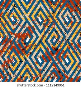 Abstract striped ethnic geometric pattern with maze, stripes and lines. Op art seamless geometric grunge background. Bold striped tribal print with ethnic african motif and watercolor paint splashes