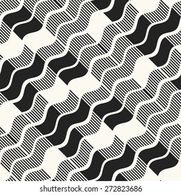 Abstract striped and filled wavy block in diagonal direction. Seamless pattern. Vector.