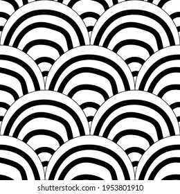 Abstract striped fish scale seamless pattern. Ornamental tile, mosaic background. Arch infinity card. 