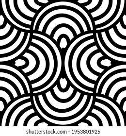 Abstract striped fish scale seamless pattern. Ornamental tile, mosaic background. Arch infinity card. 
