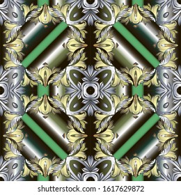 Abstract striped floral 3d vector seamless pattern. Colorful ornamental geometric background. Vintage flowers, leaves, geometrical shapes, stripes, lines. Ornate repeat backdrop. Endless texture.