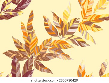 Abstract striped foliage repeat pattern vector. Lush botanical spring fashion fabric print. Hawaiian tree branch leaves endless pattern. Tropical plant elements.