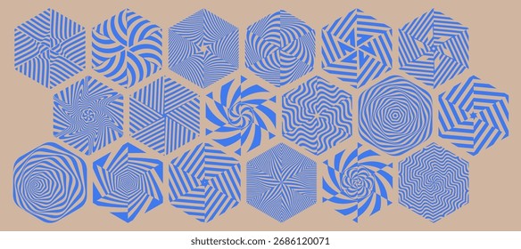 Abstract striped form. Hexagonal volumetric figure. Collection of graphic elements. Optical art. Design element, emblem or icon. Vector illustration.  