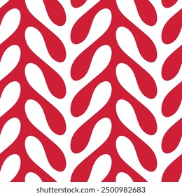 Abstract striped geometric design with white and red wavy interlocking stripes. Stylized foliage leaves. Seamless repeating pattern. Modern bicolor style.