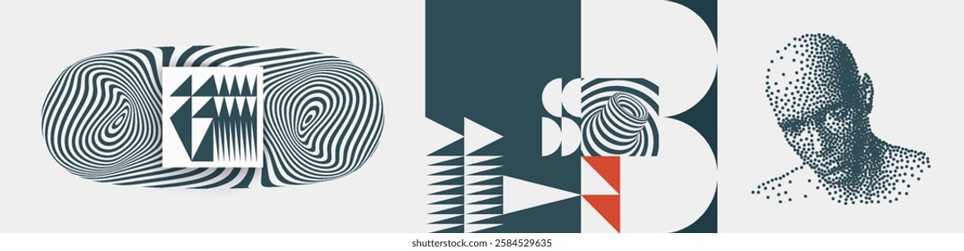 Abstract striped geometric figure. Optical art. Black and white design. Network forming AI human face. Technology concept. Cyber security. Vector for brochure, flyer, cover, poster, portfolio, banner.