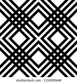Abstract striped geometric pattern with lines and grids. Seamless monochromatic background in white and black spectrum. Optical illusion effect