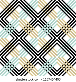 Abstract striped geometric pattern with lines and grids in black, blue and gold colors. Seamless background in white and black spectrum. Optical illusion effect