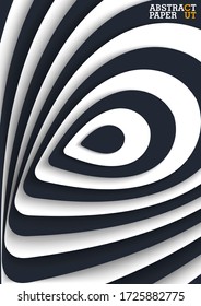 Abstract striped geometric poster. Black and white twisted paper cut layers. Vector 3D illustration