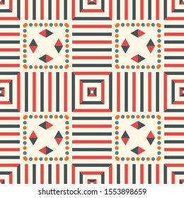 Abstract striped geometric seamless pattern with different shapes. 
Triangle, dot, line mosaic, tile background, wrapping paper. Vector illustration.   