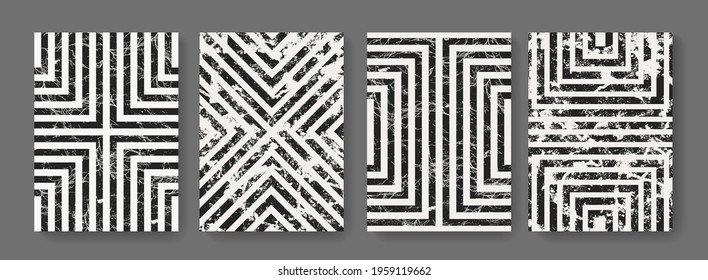 Abstract striped geometric vintage posters set. Collection of Mid-Century Modern Arts. Minimal polygonal pattern. Trendy retro textured placard.
