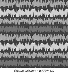 Abstract striped Ikat seamless pattern. Monochrome stripes, lines with scribbles on gray background. Ethnic asian, uzbek, aztec style. Fancy tribal texture for fabric print, wallpaper, scrapbook.