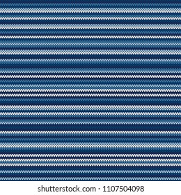Abstract Striped Knitted Pattern. Vector Seamless Knit Texture with Shades of Blue Colors