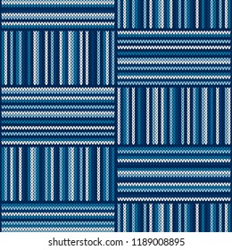 Abstract Striped Knitted Pattern. Vector Seamless Knit Texture with Shades of Blue Colors