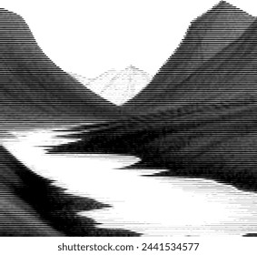 Abstract striped mountain and sea landscape illustration