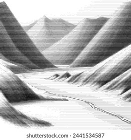 Abstract striped mountain and sea landscape illustration