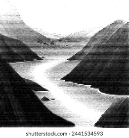 Abstract striped mountain and sea landscape illustration