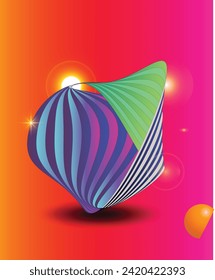 Objeto abstracto de rayas con esfera 3d. colores brillantes. Ilustración vectorial de un objeto con un patrón de rayas onduladas. Concepto moderno de cobertura. Elemento de decoración para el diseño de pancartas