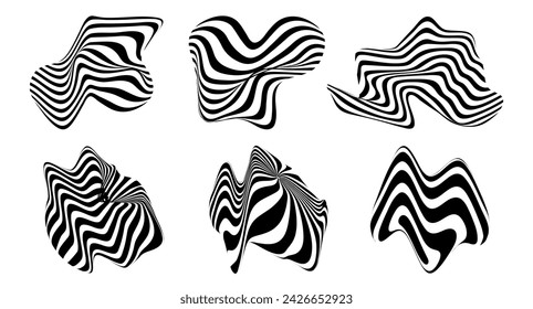 Abstract striped optical illusion. White and black wavy stripes. Brutalism modern aesthetic distorted shape on white background. Vector flat illustration. EPS 10