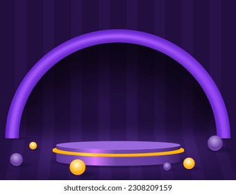 Abstract striped room with purple, orange pedestal podium, round arch shape and balls. Scene for product display mockup presentation