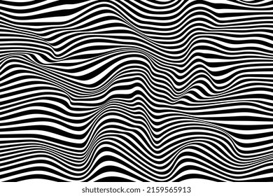 Abstract striped sea illustration. Digital optical illusion design. Trendy black and white wave background