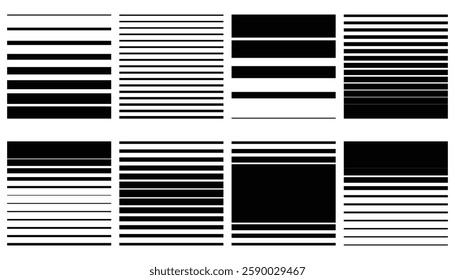 Abstract striped seamless halftone patterns or borders set. Black pop art gradient graphic design elements. Shaded linear patterns collection.
