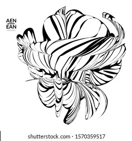 Abstract striped shape. Optical art background. Black and white striped abstract flower or insect. Botanical vector illustration isolated.