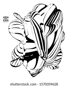 Abstract striped shape. Optical art background. Black and white striped abstract flower or insect. Botanical vector illustration isolated.