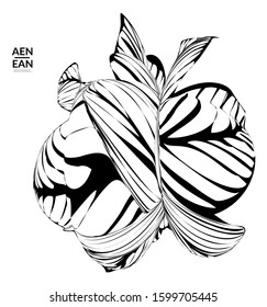 Abstract striped shape. Optical art background. Black and white striped abstract tropical flower or leaf. Botanical vector illustration isolated. Floral design.