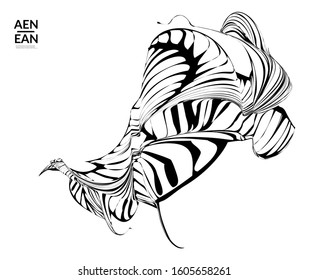 Abstract striped shape. Optical art background. Black and white striped abstract tropical flower or leaf. Botanical vector illustration isolated. Floral design.