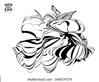Abstract striped shape. Optical art background. Black and white striped abstract tropical flower or leaf. Botanical vector illustration isolated. Floral design.