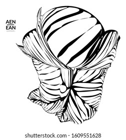 Abstract striped shape. Optical art background. Black and white striped abstract tropical flower or leaf. Botanical vector illustration isolated. Floral design.