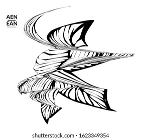 Abstract striped shape. Optical art background. Black and white striped abstract tropical flower or leaf. Botanical vector illustration isolated. Floral design.