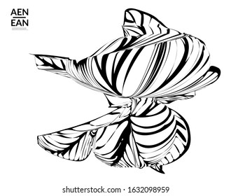Abstract striped shape. Optical art background. Black and white striped abstract tropical flower or leaf. Botanical vector illustration isolated. Floral design.