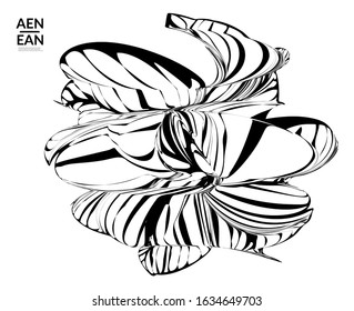 Abstract striped shape. Optical art background. Black and white striped abstract tropical flower or leaf. Botanical vector illustration isolated. Floral design.