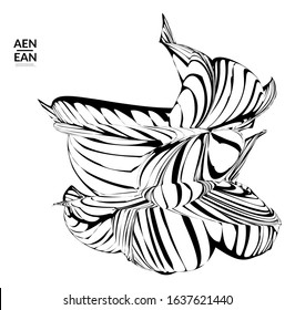 Abstract striped shape. Optical art background. Black and white striped abstract tropical flower or leaf. Botanical vector illustration isolated. Floral design.